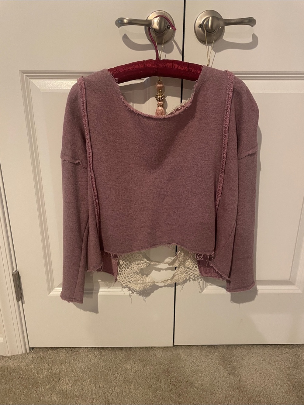 Free People Dusty Mauve Cropped Crewneck Sweater with Lace Trim